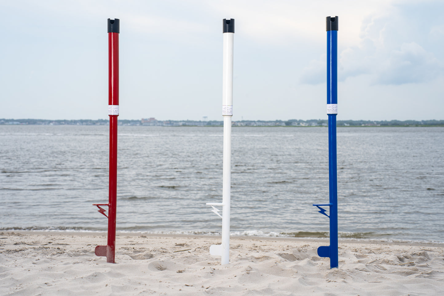 Custom red white and blue surf fishing rod holder beach spikes in sand