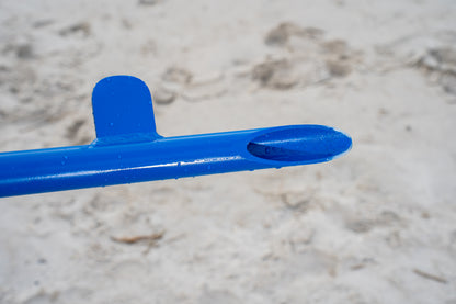 Custom blue aluminum surf fishing rod holder beach spike stabilizer near bottom