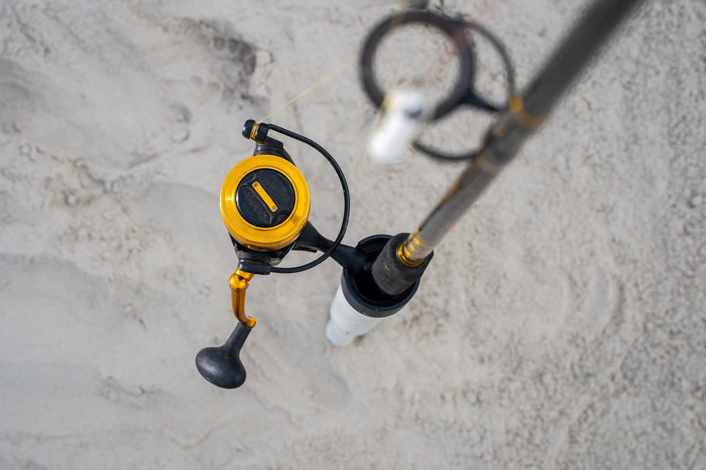 Custom white aluminum surf fishing rod holder beach spike from above