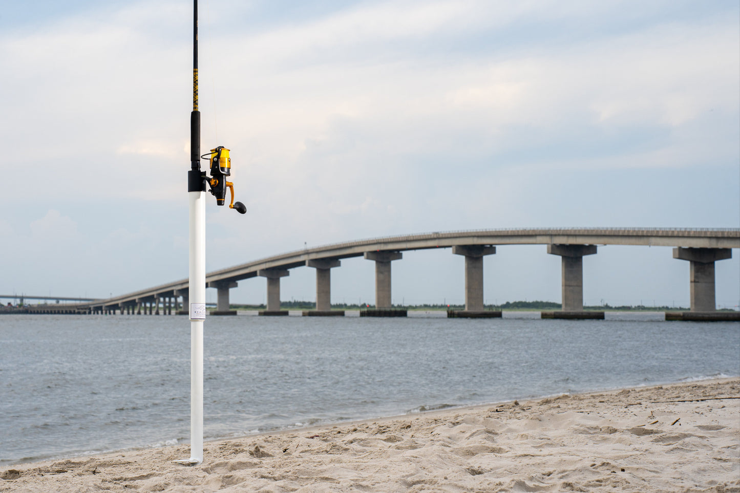 Custom white aluminum surf fishing rod holder beach spike in sand