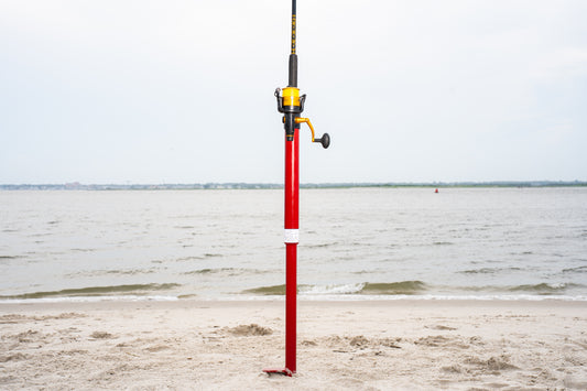 Custom red aluminum surf fishing rod holder beach spike full size