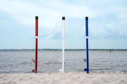 3 surf fishing rod holders RHSS in the sand in southern new jersey custom made quality aluminum fishing gear