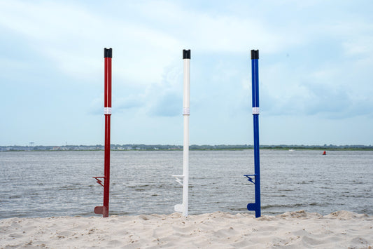 3 surf fishing rod holders RHSS in the sand in southern new jersey custom made quality aluminum fishing gear